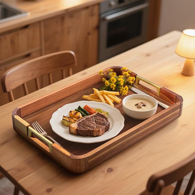 Acacia Wood Serving Tray with Metal Handles, 17x12in Food Drinks Tray for Coffee Table, Breakfast, Dinner & Bar, Rustic Decorative Storage Tray for Ottoman, Kitchen, Parties