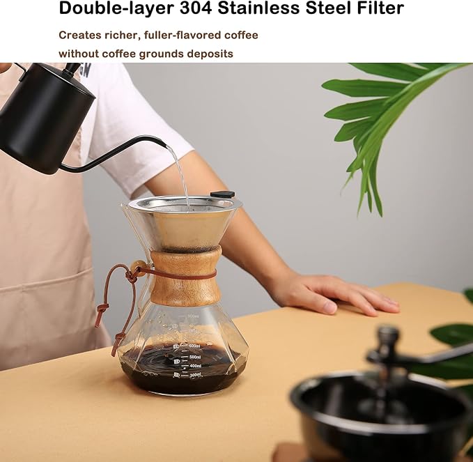 Pour Over Coffee Maker with Reusable Stainless Steel Filter, 27 oz Borosilicate Glass Coffee Carafe, Wooden Collar, Coffee Maker Carafe, Hold 4-6 Cups, 800 ml, Clear