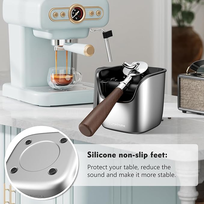 Ourokhome Knock Box Espresso Accessories, The Latest Patented Stainless Steel Espresso Machine Tool for Coffee Ground with Removable Knock Bar, Handle and Lid, Dishwasher safe, 4.8 inch