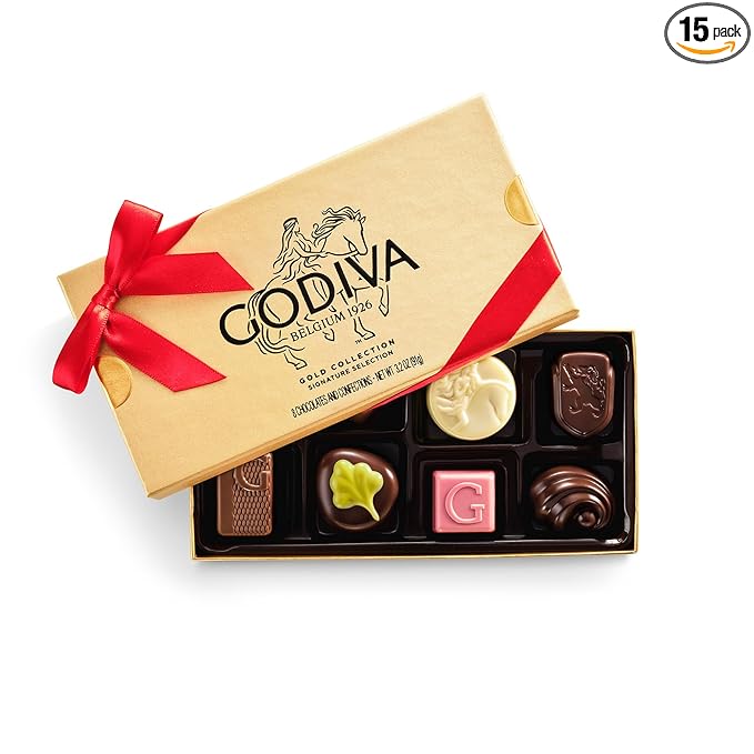 Godiva Red Bow Gold Assorted Chocolate Gift Box, Belgian Dark and Milk Chocolates with Pralinés, Ganaches & Caramels, Gourmet Holiday Gift, Non-GMO & Kosher, 8 Pc