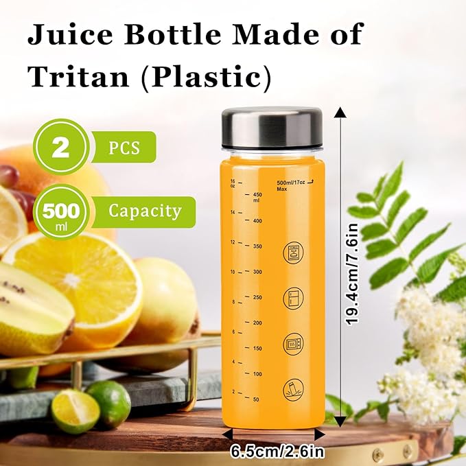 2 Pack Juice Bottles with Caps - Wide Mouth Resuable Clear Plastic Water Bottles for Juicing,Smoothie,Protein, Beverage,Storage Containers,BPA Free,Leakproof Stainless Steel Lid(16 Ounces)
