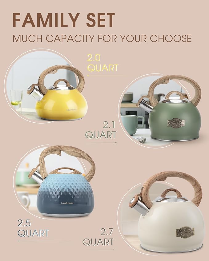 Tea Kettle Stovetop Teapot, 2.5 Quart Loud Whistle Food Grade Stainless Steel and Smooth Wood Pattern Handle, Sophisticated Look for Hiking, Picnic, for Tea, Coffee Milky White