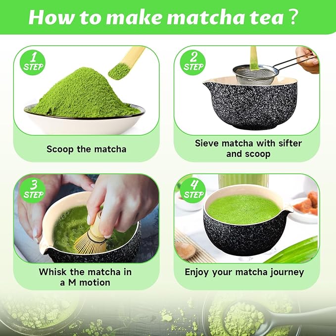 Matcha Set, 6 Pcs Matcha Whisk Set with 20 oz Bowl, Bamboo Whisk for Matcha Tea, Matcha Bowl, Ceramic Matcha whisk Holder, Stainless Sifter and Scoop - Gift for matcha kit Lovers（Black）