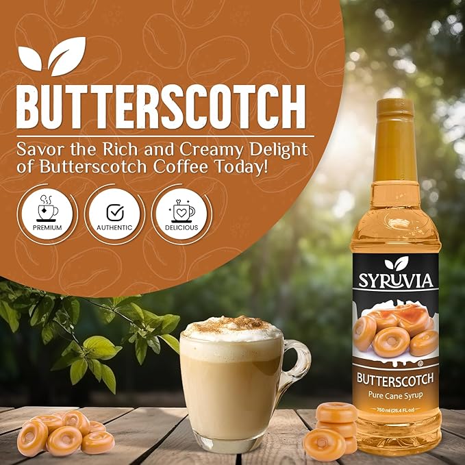Syruvia Butterscotch Coffee Syrup - 25.4 fl oz. Kosher and Gluten-Free. Perfect for Enhancing Drinks, Sodas, Shakes, Desserts, and More.