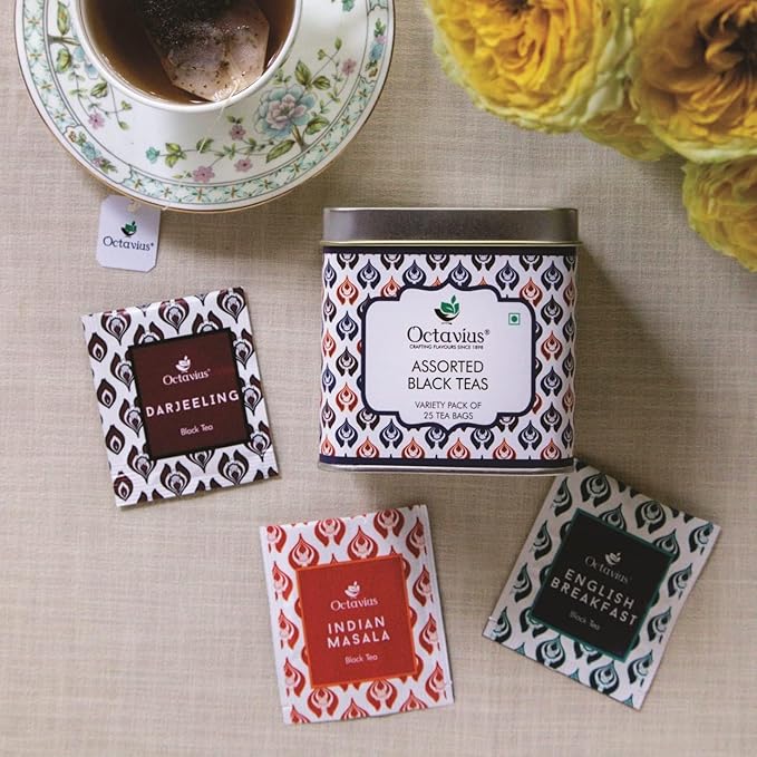 Octavius Tea Variety Pack | 3 Assorted Black Teas – Indian Masala, Darjeeling & English Breakfast | Strong CTC Tea for Milk | 25 Tea Bags Each | Pack of 6 | Rich & Malty Flavor