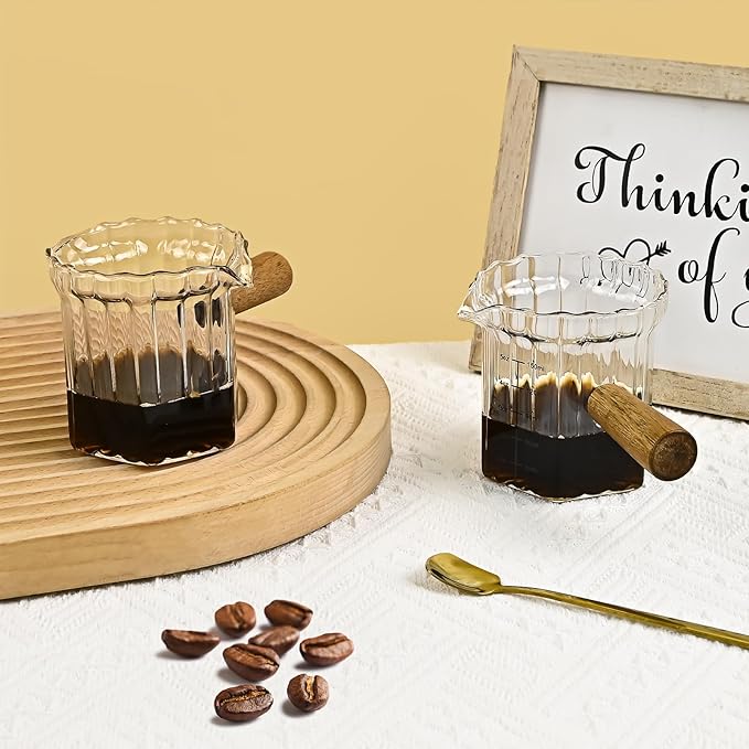 Glass Measuring Cup, 5oz Espresso Shot Glass with Wood Handle, Single Spout Measuring Triple Pitcher Milk Cup for Coffee Tea (Transparent Ribbed)