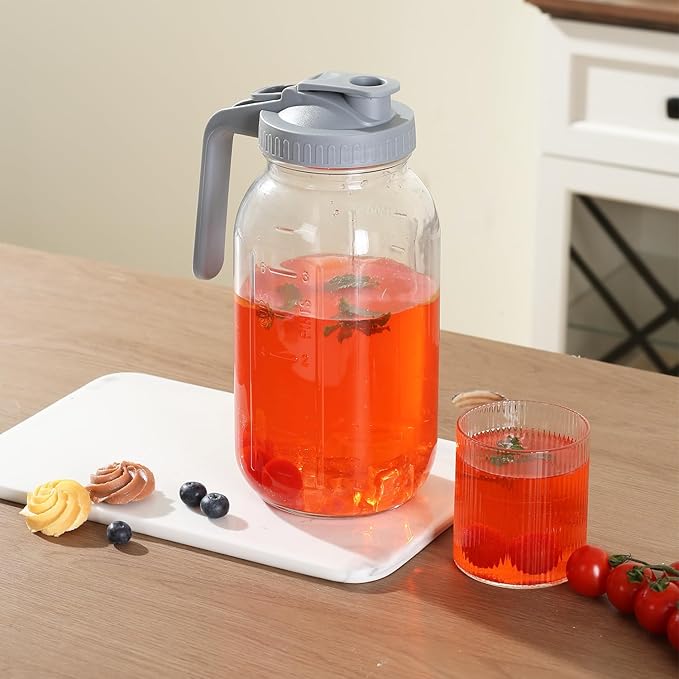 Glass Mason Jar Pitcher with Pour Spout Handle Lid, Breast Milk Pitcher Jug for Ice Tea, Cold Brew Coffee, Fridge Water, Juices, Leak Proof Storage Container