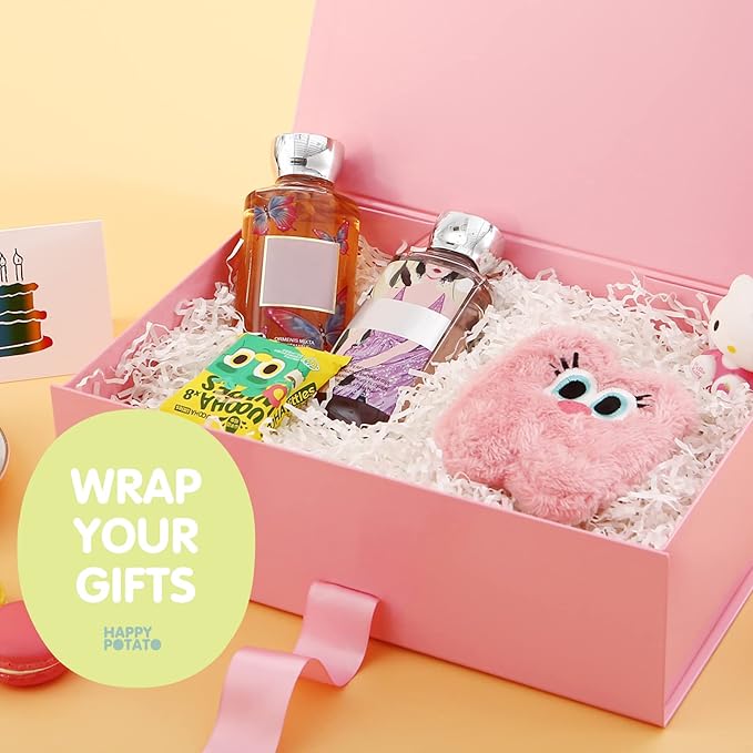 HAPPY POTATO Large Gift Box with Lid 13.5x9x4.1 Inches, Pink Gift Boxes with Ribbon, Bridesmaid Proposal, Magnetic Gift Box for presents (Glossy Pink)