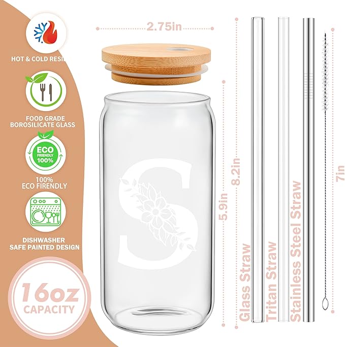 Personalized Gifts for Women, Monogrammed Glass Cups with Lids and Straws, Custom Tumbler, Cute Customized Mug, Aesthetic Stuff, Initial Iced Coffee Cup, Drinking Glasses, Birthday Teacher Gifts, S