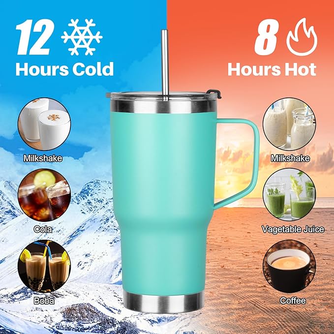 20 oz Tumbler with Handle, Stainless Steel Insulated Tumbler with Lid and Straw, Double Wall Vacuum Coffee Mug Tumbler, Insulated Coffee Thermal Cup for Cold and Hot (Mint Green)