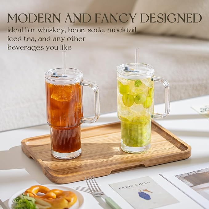 KEMORELA 2-Pack 26oz Ribbed Glass Tumblers with Handle and Lid – Large Aesthetic Iced Coffee Cups with Straws, Modern Textured Glass Mugs for Smoothies, Tea, Juice & Cold Beverages, Dishwasher Safe