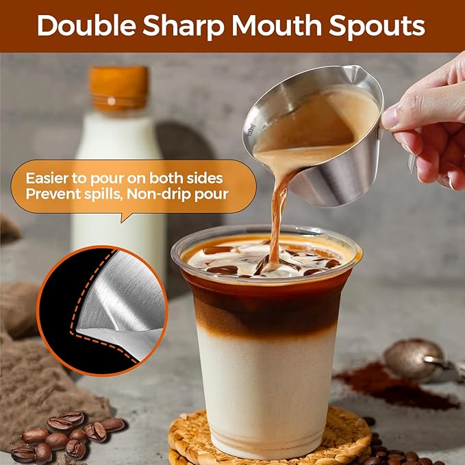 2 Pcs Espresso Cups with Handle, Stainless Steel Espresso Accessories, Double Spout Metal Measuring Cup with Dual Scale, Espresso Shot Cup with V-Shaped Mouth, 3.4OZ/100ML(White)