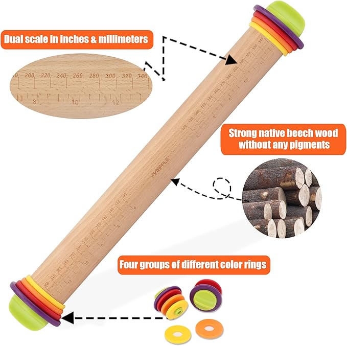 Rolling Pin with Thickness Rings and Pastry Baking Mat, 13.6" Adjustable Wooden Rolling Pin Dough Roller for Baking Cookie Pizza, Comes with Large Silicone Pastry Mat, Kitchen Baking Tools