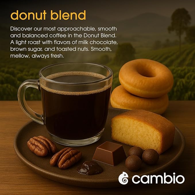 Cambio Roaster Donut Blend Keurig Coffee K Cups, Organic Light Roast Coffee Pods, Only Aluminum K Cup for More Flavor & Longer Lasting Freshness, Caffeinated Lower Acid Kcups for Keurig, 60 count