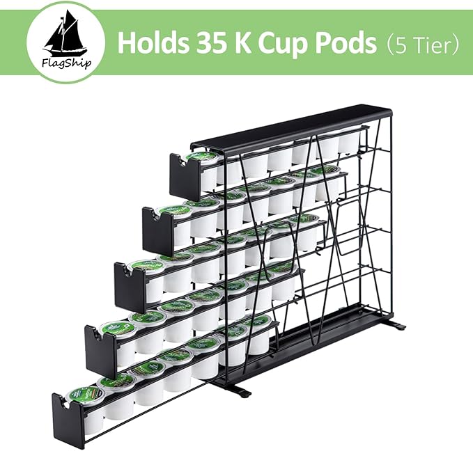 FlagShip 5-Tier Corner Coffee Pod Organizer for K Cup - 35 Capsules Metal Storage, Space-Saving Kitchen Countertop Rack Wall Mountable