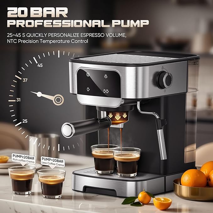 Espresso Machine 20 Bar, Professional Espresso Maker with Power Milk Frother，Compact Espresso Coffee Machine With LED Touch Screen for Home Latte, Cappuccino, 61OZ Removable Water Tank 2025