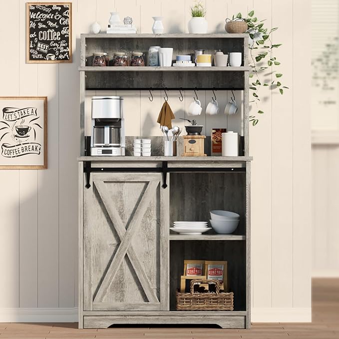 Farmhouse Coffee Bar with 3 Tier Storage Hutch, 56 Inch Small Coffee Station with 6 Hooks, Corner Bar Table with Adjustable Shelves for Living Dining Room (Grey)