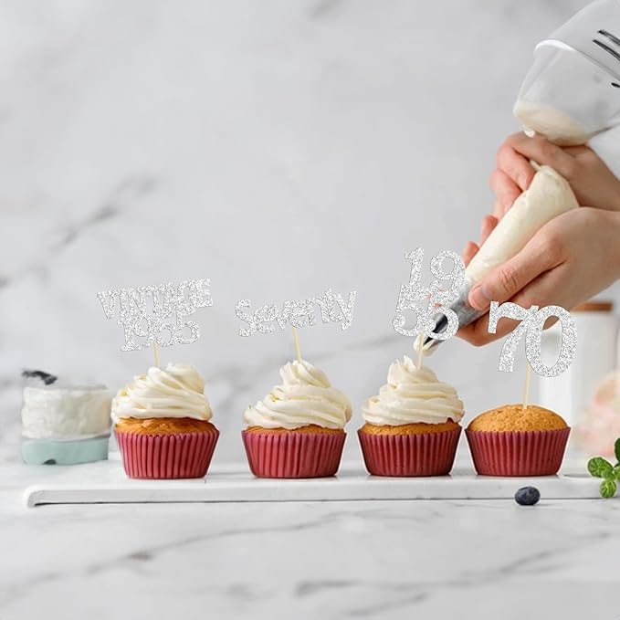 Gyufise 24Pcs 70th Birthday Cupcake Toppers Glitter Cheers to 70 Fabulous Seventy Vintage 1955 Cupcake Picks 70th Birthday Wedding Anniversary Party Cake Decorations Supplies Silver