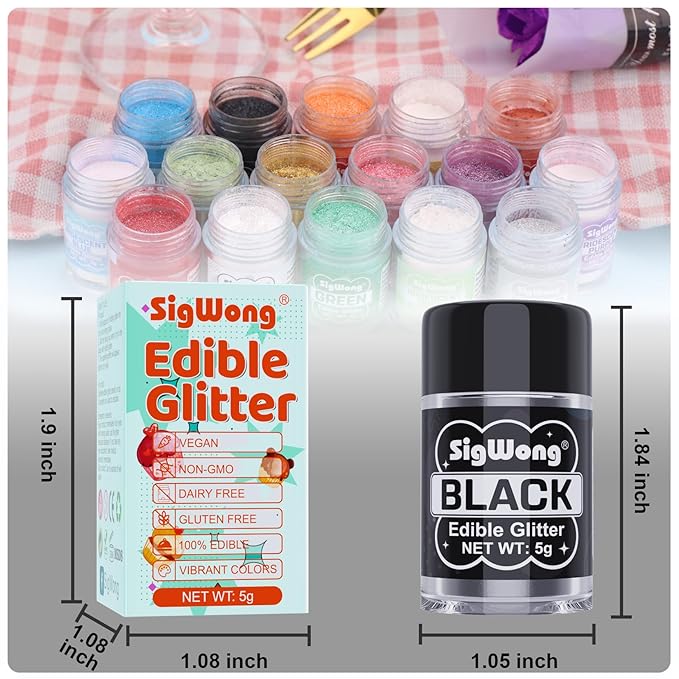 Black Edible Glitter - 5g Food Grade Cake Decorating Shimmering Glitter, Edible Sprinkle Luster Dust for Drinks, Chocolates, Fondant, Strawberries, Cupcakes, Candy, Cookie - Vegan