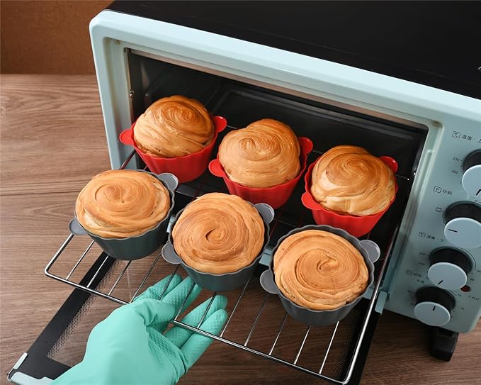 12 Pack Reusable Non-stick Large Silicone Baking Cups, 3.54 Inch Jumbo Silicone Cupcake Liners, Cake Molds with Handles, Large Muffin cups, Red and Gray