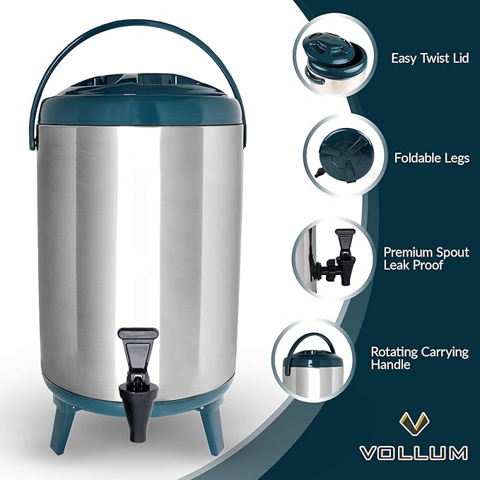 Stainless Steel Insulated Beverage Dispenser – Insulated Thermal Hot and Cold Coffee Carafe – 10 Liter Drink Dispenser with Spigot for Hot Water, Tea & Coffee, Cold Milk, Juice & More Teal