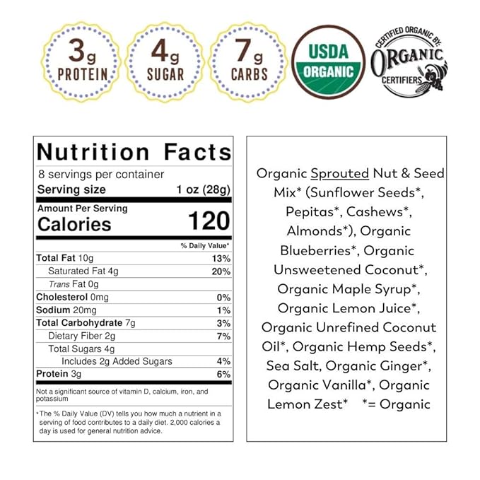 Lark Ellen Farm Grain-Free Granola, Certified Organic Raw Sprouted Vegan Clusters, Paleo & Crunchy Gluten-Free Bites for Cereal or Yogurt, Lemon Blueberry, 8 oz (2-Pack)