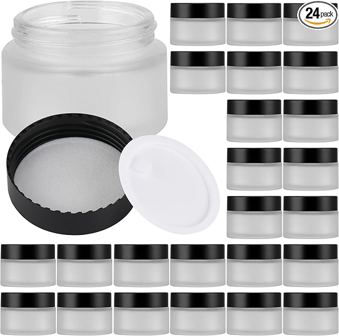 Glass Jars with Lids,Eco-Friendly Cosmetic Containers with Airtight Black Lids & Liners, Multi-Color Options for Cream, Lotion, Body Butter, DIY Skincare Travel Jars (Clear Frosted, 1oz)