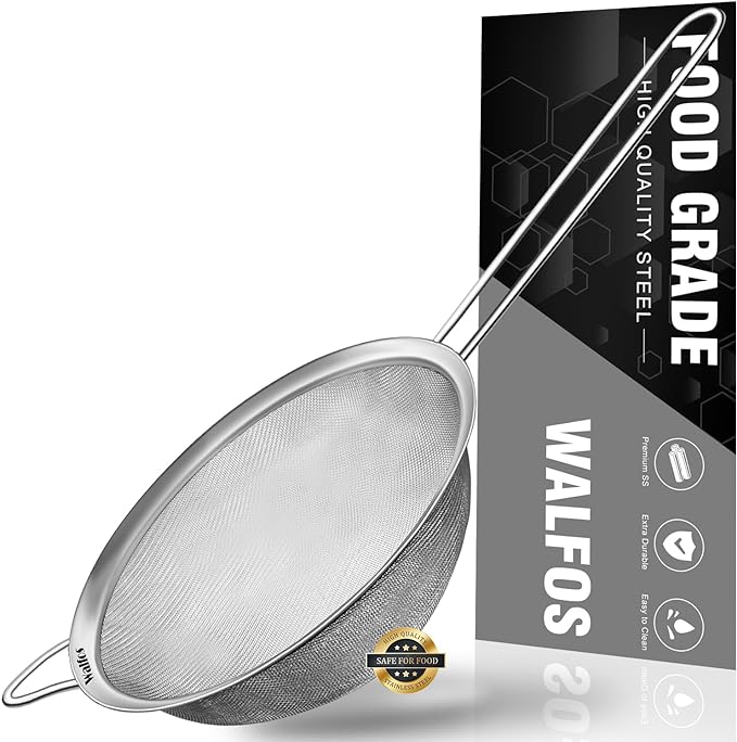 Walfos 8 Inch Fine Mesh Strainer, Premium Stainless Steel Colanders and Sifters, with Reinforced Frame and Sturdy Handle, Perfect for Sift, Strain, Drain and Rinse Vegetables, Pastas and Tea