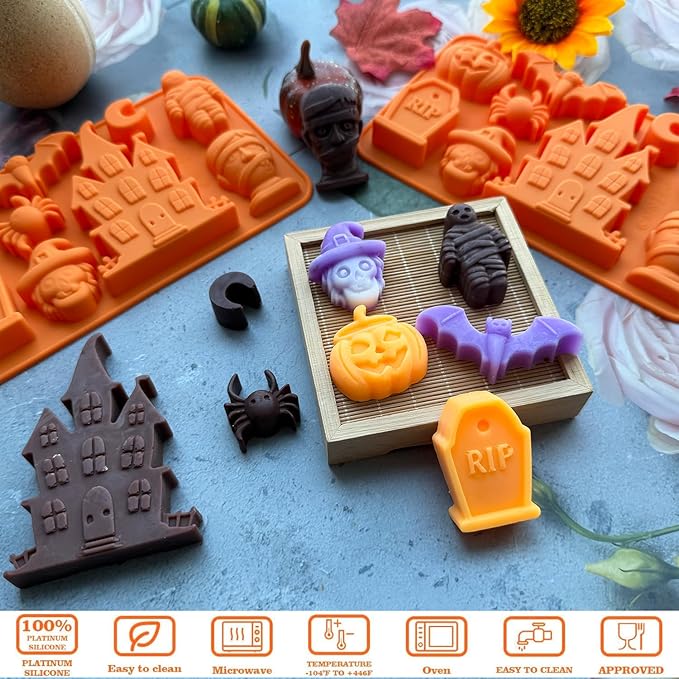 2 Pack Halloween Chocolate Candy Silicone Mold Halloween Molds Castle Pumpkin Tombstone Skull Witch Hat Gummy Jello Baking Mold for DIY Ice Cube Sugar Halloween Party Cupcake Topper Cake Decorating
