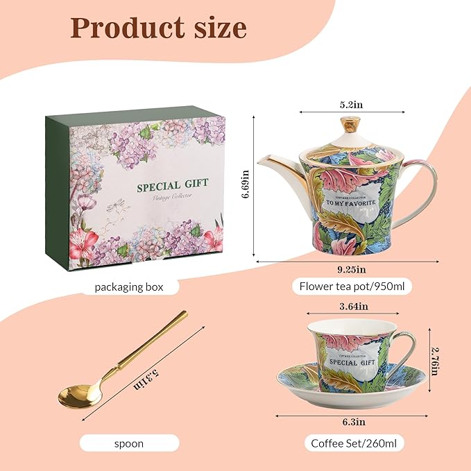 ACMLIFE Porcelain Tea Set for Adults, 15-Piece Green Bone China Tea Set for Women, Tea Cups and Saucers Set Service for 4, Gift (green, large set 13)