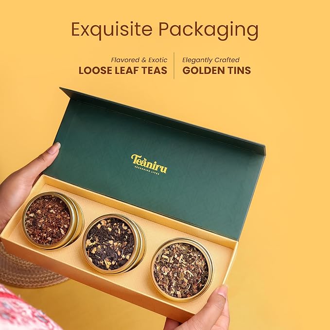 Teaniru, Grandeur Tea Collection – Pack of 200 | Loose Leaf Tea Sampler Gift | 3 Flavored Tea - Black, Herbal & Green Tea | Loose Leaf Tea Gift Set for Corporate Gifting