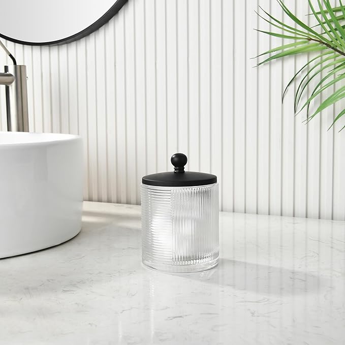Glass Cotton Jar Holder Matte Black Lid, Elegant Bathroom Storage Canister for Qtips, Cotton Balls, Floss, Makeup Organizer, Vanity Bathroom Organization