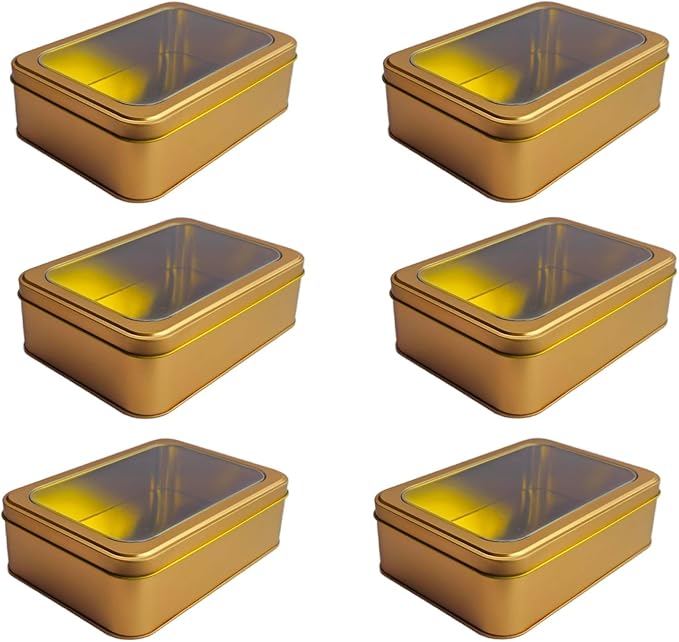 Pack of 6 Gold Rectangular Tin Container With Clear Lid, Multipurpose Tin Box, Festive Tin Box for Gift Giving, Cookies, Stationery & More - 7.25 x 5.25 x 2.25 Inches