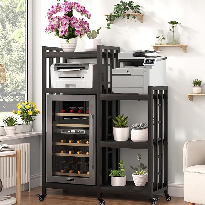 BRIGHTSHOW Free Standing Baker Rack Mini Fridge Stand with Wheels, 6 Tire Kitchen Storage Shelf Organizers Coffee Table Bar Microwave Stand for Patio Garage Shelving Home Porch Decor Office House