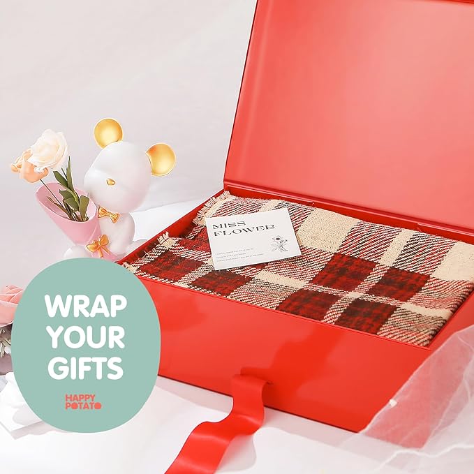 HAPPY POTATO Large Christmas Gift Box with Lid and Ribbon 13.5x9x4.1 Inches, Bridesmaid Proposal Box, Red Gift Box for presents (Glossy Red)