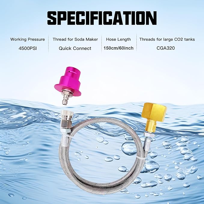 Soda Terra Machine Co2 Tank Adapter Hose, Co2 Tank Direct Adapter with Stainless Steel Hose, Compatible with Duo Art Terra Gaia AQUA FIZZ Pink Cylinder Soda Maker (60in)