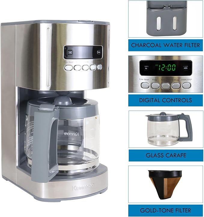 Kenmore Drip Coffee Maker - Programmable Cafe Machine With Glass Pot, Regular & Bold Brew, Auto Shut Off Large Water Reservoir, Reusable Filter, Kitchen Appliances For Cafeteria Barista, 12 Cup, White