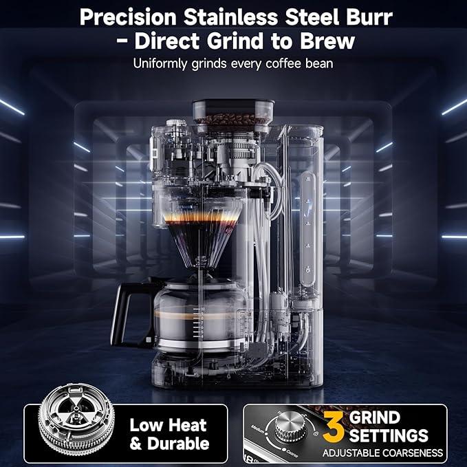 Drip Coffee Maker with Built-in Grinder, 10-Cup Programmable Brew Coffee Machine with Timer, Touch Screen, Self-Cleaning, Reusable Filter, 1.5L Removable Water Tank, Warming Plate, White