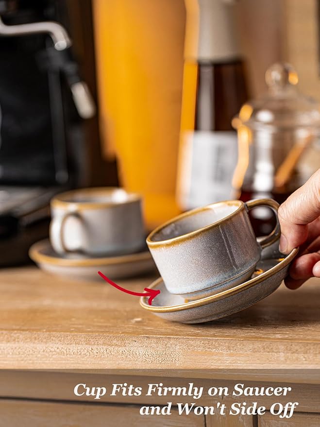 Gomakren 2.5 Ounce Espresso Cups Set of 4, Small Stackable Coffee Cups with Saucers and Metal Stand, Porcelain Demitasse Cups for Specialty Coffee Drinks, Espresso, Cappuccino, Latte, Tea, Gray