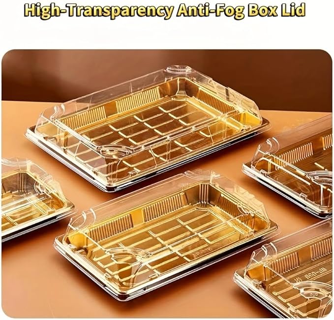 10 Pack Gold Rectangular Sushi Containers with Clear Lids – Disposable Plastic Food Boxes for Party, Takeout & Catering – Elegant, Stackable Trays for Sushi, Snacks & Desserts(Model No.1101)