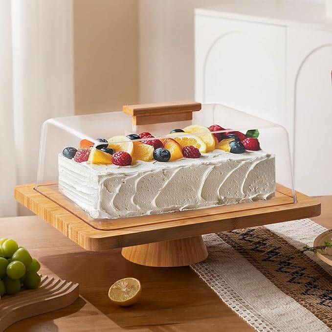HBlife Cake Stand with Lid (16.5"), Multifunctional Cake Stand with Acrylic Dome, Rectangular Bamboo 2-in-1 Cake Plate Display Stand with Cover for Baking Gifts, Birthday Kitchen Parties, Weddings