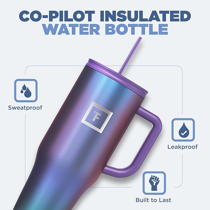 IRON °FLASK Co-Pilot Insulated Mug w/Straw & Flip Cap Lids - Cup Holder Bottle for Hot, Cold Drink - Leak-Proof- Water, Coffee Portable Travel Tumbler - Cobalt Blue Speckle, 40 Oz