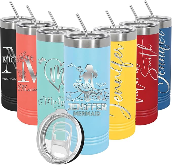Personalized 20oz Skinny Tumbler: Engraved, Stainless Steel, Insulated, Leak-Proof Lid & Straw, Hot/Cold for Hours, for Coffee, Water, Wine, Gift for Birthdays, Christmas, 25 Designs (Light Blue)