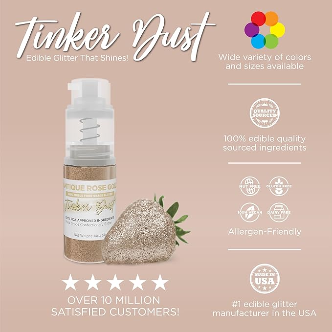 Bakell - Antique Rose Gold Tinker Dust (4g, 1x Mini Spray Pump) Edible Glitter for Food, Desserts, and Beverages!