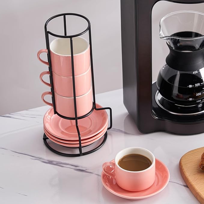 2.5oz Porcelain Stackable Espresso Cups with Saucers and Metal Stand Set of 4, Stackable Cappuccino Cups, Pink Expresso Shots Cup Set for Coffee Drinks, Latte, Tea