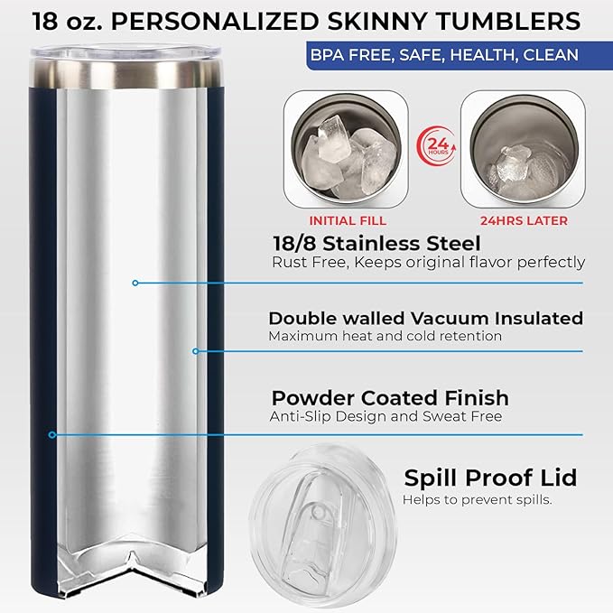 Personalized 20oz Skinny Tumbler: Engraved, Stainless Steel, Insulated, Leak-Proof Lid & Straw, Hot/Cold for Hours, Ideal for Coffee, Water, Wine, Gift for Birthdays, Weddings, Christmas, (25 designs)
