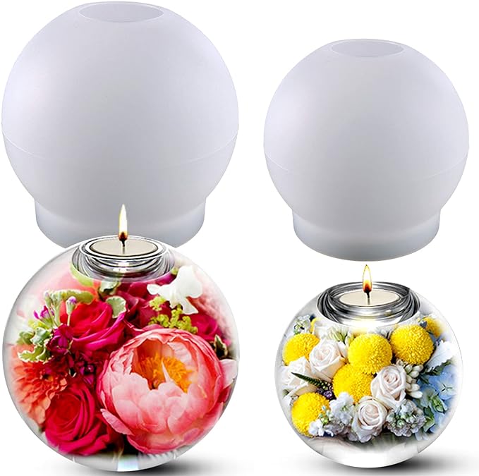 2 Pcs Tealight Candle Holder Resin Molds, Set of Large + Small Sphere Candlestick Silicone Molds for DIY Round Crystals Ball Candle Vessels Craft Epoxy Casting Home Table