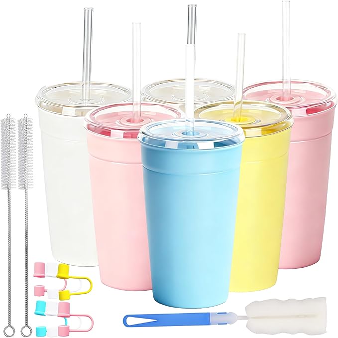 Clear Tumbler Cup, 16 oz Plastic Iced Coffee Cup with Lid and Straw, 6 Pack, Reusable and Dishwasher Safe, for Gatherings and Outdoor Adventures (6, Bright Color)