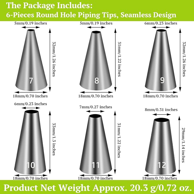 Suuker Round Hole Piping Tips Set, 6 Pieces Stainless Steel Small Piping Tips, Pastry Icing Dispensers Supplies, Cupcake Tips for Frosting, Baking, Cake Writing Icing