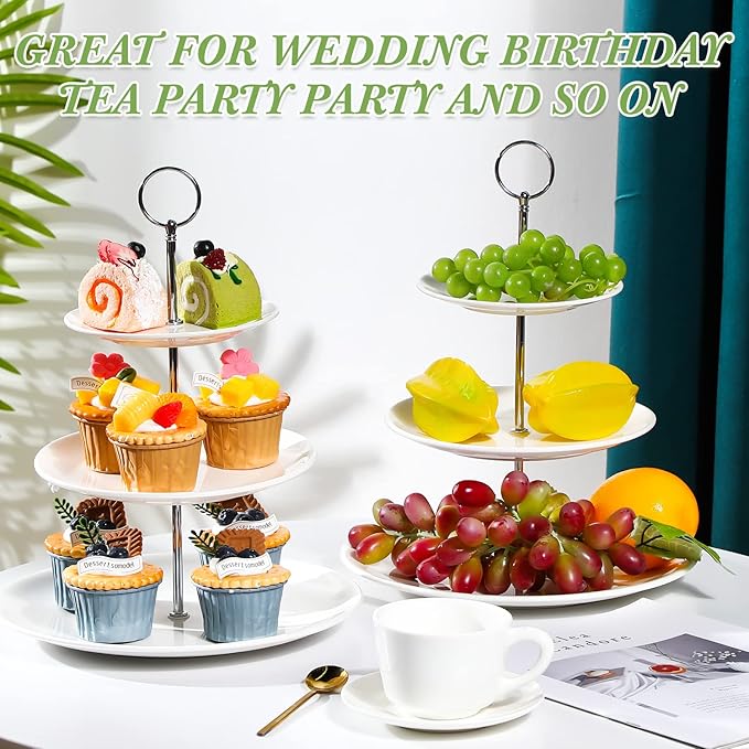 Tatuo 2 Pcs 3 Tier Porcelain Cupcake Stand, Cup Cake Holder Tower, Pastry Serving Elegant Dessert White Ceramic Tiered Stand for Wedding, Birthday, Tea Party(Delicate Round Shape)